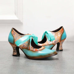 Socofy Summer flower blue ethnic style high-heeled ribbon lace-up women's shoes