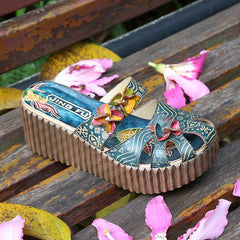 Socofy Leather Ethnic Style Candy Colored Platform Slippers