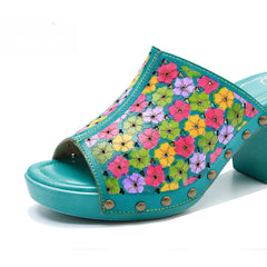 Socofy leather rubbed colour vintage floral casual fashion high heeled sandals