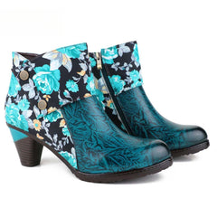 Socofy Autumn ethnic style cowhide thickened mid-calf round toe fashion boots for women