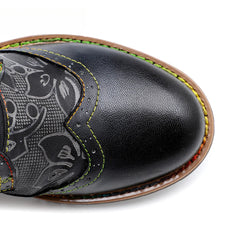 Socofy Vicconfy Genuine Leather Dark Flower Lace Up Flat Boots