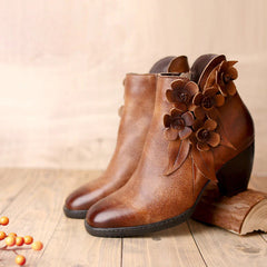 Socofy Genuine Leather Handmade Square Toe Vintage Handmade Flower Boots Woman