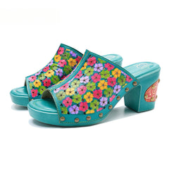 Socofy leather rubbed colour vintage floral casual fashion high heeled sandals