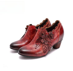 Socofy Genuine Leather Handmade Vintage Fashion Side Zipper High Heels Women's Shoes