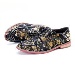 Socofy Genuine Leather Retro Flat Print Casual Lace-up Loafers Shoes