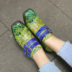 Socofy genuine leather green printed pastoral style retro thick heel women's high heels