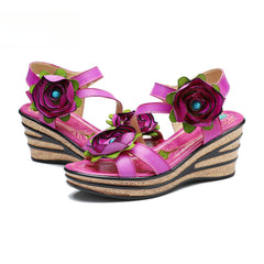 Socofy summer leather three-dimensional flowers comfortable sloping sandals