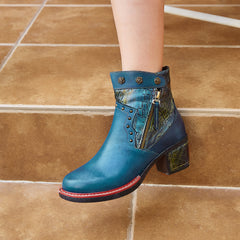 Socofy Vicconfy Women's Martin Boots Leather Patchwork Ethnic Vintage Short Boots