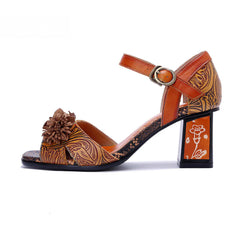 Socofy Vicconfy Handmade Leather Vintage Printed Dimensional Heeled Sandals