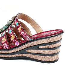 Socofy Summer Leather Vintage Flower Slope Heel Sandals Slippers