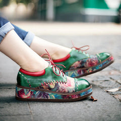 Socofy Vicconfy Retro Muffin Heel Comfortable Printed Round Toe Leather Women's Shoes Loafers