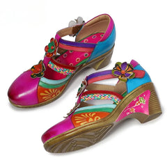 Socofy Summer Genuine Leather Casual Hook & Loop Hand-painted Sewing Retro Flower Women Sandals