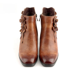 Socofy Genuine Leather Handmade Square Toe Vintage Handmade Flower Boots Woman