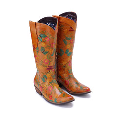 Socofy Winter Vintage Leather Floral Boots