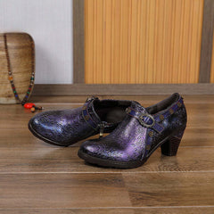 Socofy Ethnic style thick heel retro shoes pumps