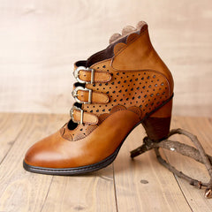Socofy Vicconfy Retro Cutout High Heel Leather Boots