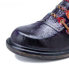 Socofy Genuine Leather Colourful Rope Deco Ethnic Printed Women's Flat Shoes