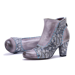 Socofy Handmade Genuine Leather Heeled Short Boots