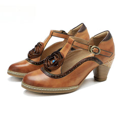 Socofy spring genuine leather retro Mary Jane high-heeled shoes
