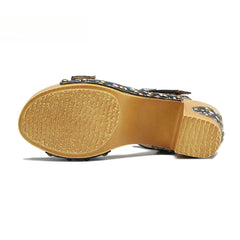 Socofy Leather Vintage Floral American Rustic Heeled Sandals
