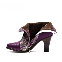 SOCOFY Genuine Leather Retro Handmade Exquisite Embossed Fashion Zip Winter Boots