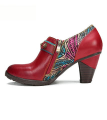 Socofy Vicconfy Genuine Leather Flower Buckle Side Zipper Pumps