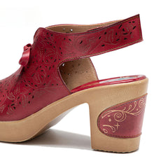 Socofy Summer Leather Retro Hollow Out High Heel Sandals