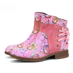 Socofy Vicconfy Retro Leather Blossom Casual Comfort Ankle Boots