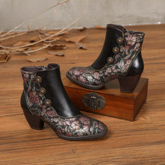 Socofy Leather Retro Flowers Fashionable Zipper Heel Boot