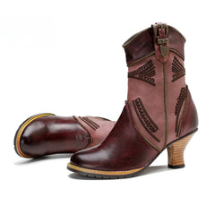 Socofy Vicconfy Leather Electric Embroidered Zipper Ankle Boots