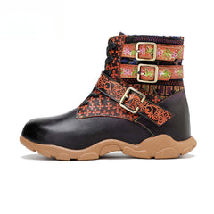 Socofy Vicconfy Leather Handmade Color Rubbed Printed Belt Buckle Flat Women's Boots