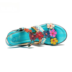 Socofy summer genuine leather bohemian style comfortable wedge sandals for women