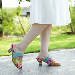 Socofy Summer Leather Vintage Colour Block High Heeled Sandals