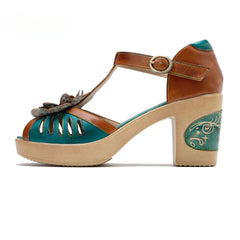 Socofy spring and summer leather retro casual three-dimensional flowers buckle strap women's sandals