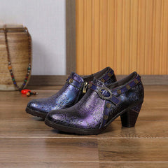 Socofy Ethnic style thick heel retro shoes pumps
