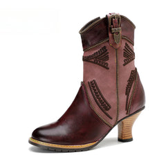 Socofy Vicconfy Leather Electric Embroidered Zipper Ankle Boots