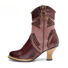 Socofy Vicconfy Leather Electric Embroidered Zipper Ankle Boots