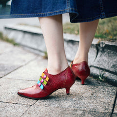 Socofy Red Leather Vintage Buckle High Heels Women's Shoes