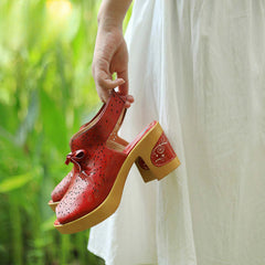 Socofy Summer Leather Retro Hollow Out High Heel Sandals