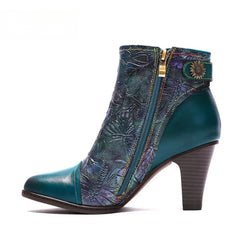 SOCOFY Genuine Leather Retro Handmade Exquisite Embossed Fashion Zip Winter Boots