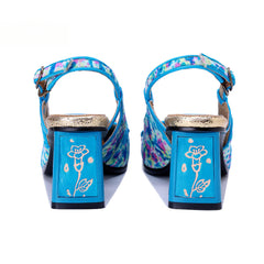 Socofy Handmade Leather Crushed Flower Chunky High Heeled Sandals