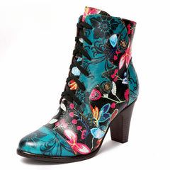Socofy Vicconfy Ethnic Cowhide Handmade Vintage Flower High Heel Women's Boots