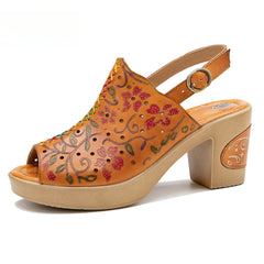 Socofy Spring Summer Leather Printed Hollow Out Chunky Heel Buckle Strap Clog Bottom Sandals