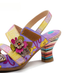 Socofy new summer style genuine leather retro three-dimensional flower rainbow and wine glass sandals for women