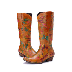 Socofy Winter Vintage Leather Floral Boots