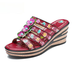 Socofy Summer Leather Vintage Flower Slope Heel Sandals Slippers
