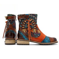 Socofy Vicconfy Genuine Leather Fringe Vintage Boots Flat Boots