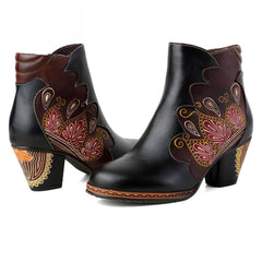 Socofy Vicconfy Retro Pattern Leather Zipper Ankle Boots