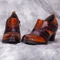 Socofy thick heel low top round toe eyelte deco women's retro heels pumps