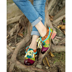 Socofy Genuine Leather Lace-up Oxford Vintage Women Retro Bohemian Flats Shoes